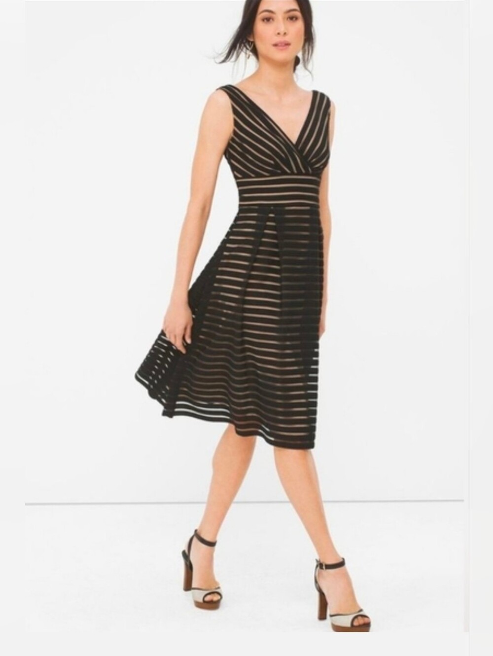 White House Black Market Shadowstripe Fit And Flare V-Neck Midi Dress